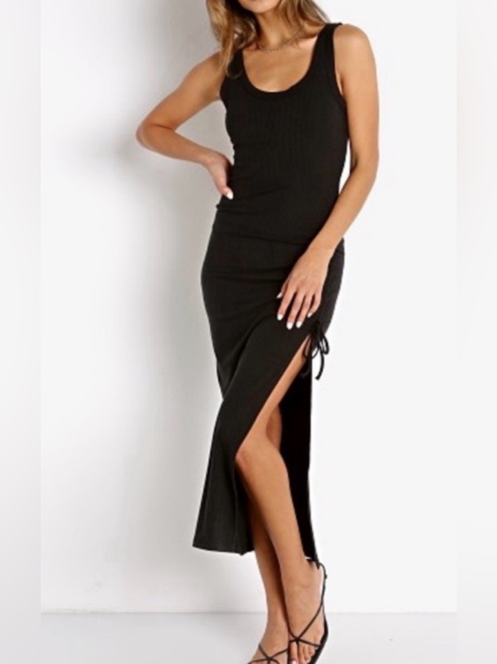 L*Space Side Rushed Ribbed Tank Midi Dress Black Size S